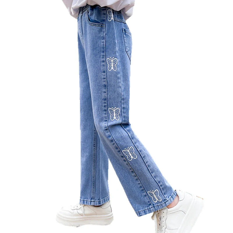 

4-14 Year Girl Jeans Girl Spring Korean Cartoon Casual Denim Trousers Girls Butterfly Print Elastic Waist Slim Fit Pencil Pants