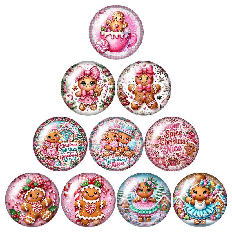 Pink Gingerbread Man and Girl Christmas 10pcs 12mm/18mm/20mm/25mm Round photo glass cabochon flat back Making findings Jewelry