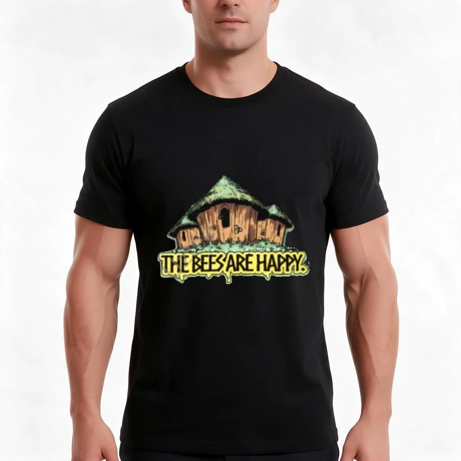 Valheim Store The Bees Are Happy Hooded T-Shirt, Summer Casual Cotton Tee, Oversized Streetwear Tops, Vintage Graphic Print