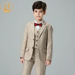 Traje Formal de primavera y otoño para niños, traje de fiesta para niños, disfraz de boda, abrigo, chaleco, pantalón, 3 piezas, ropa al por mayor, color caqui, 718-16