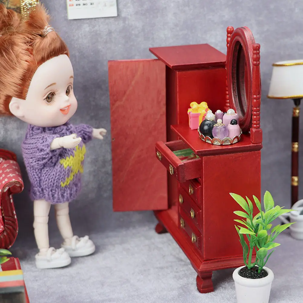 Premium Miniature Dressing Table with Mirror Drawer Cabinet for Dollhouse Decoration Small Scale Vintage Style Wooden Glass
