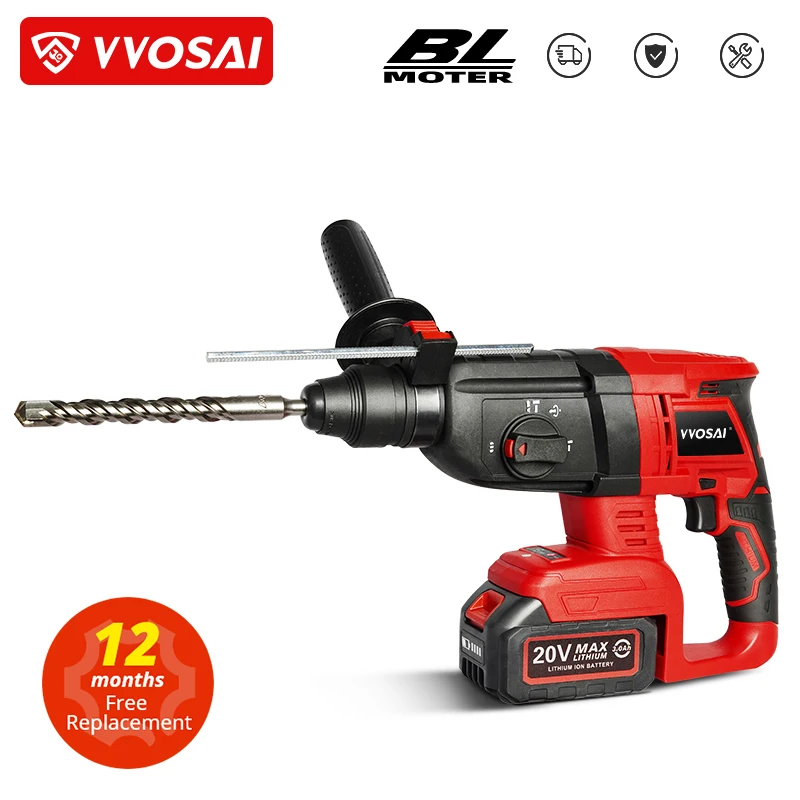 VVOSAI 20V Electric Impact Drill Rotary Hammer Brushless Motor Cordless Hammer Electric Drill Electric Pick for Switch Freely