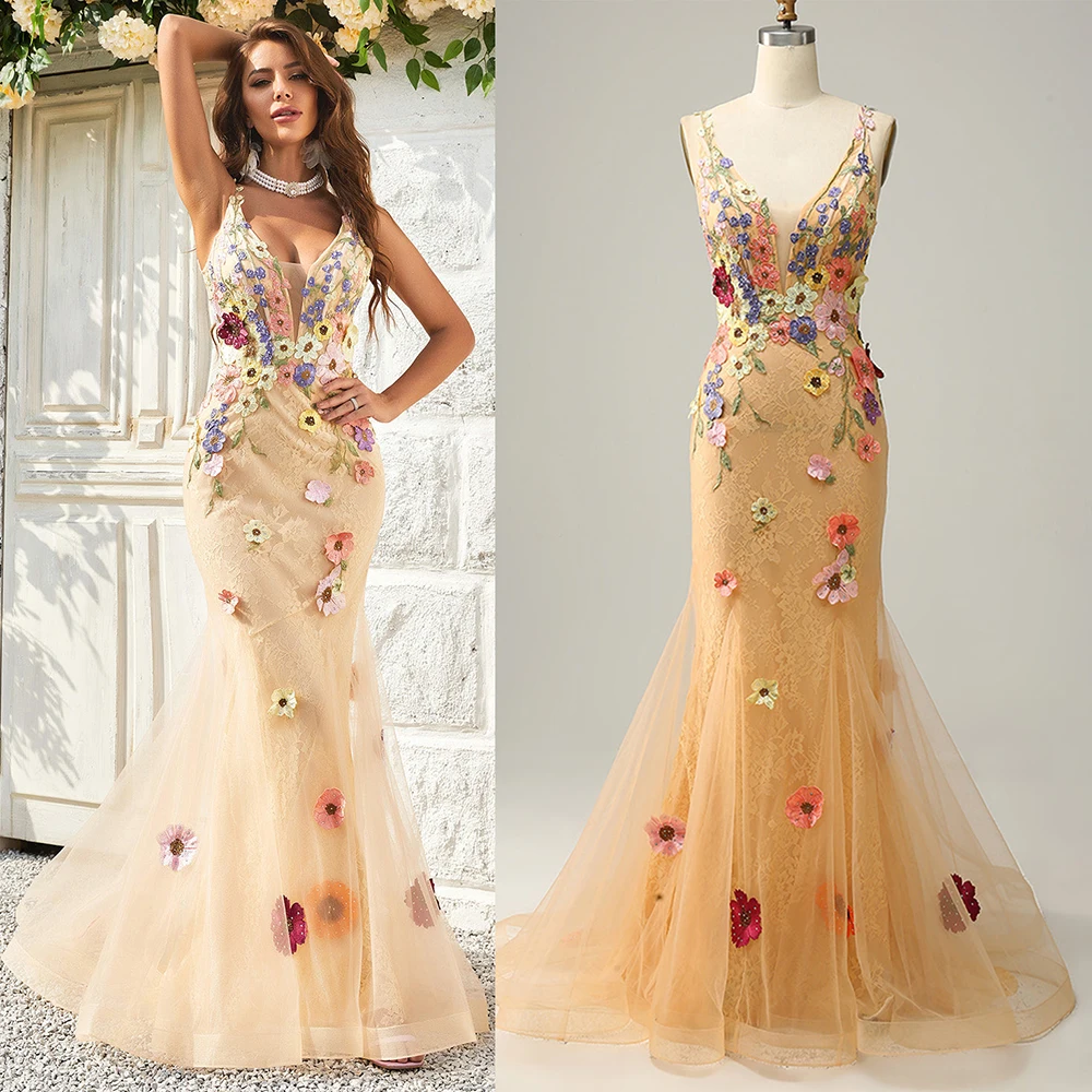 3D Flowers Embroidery Mermaid Evening Gown Custom Made Fairytale Backless Criss Cross Colorful Holiday Trumpet Engagement Dress