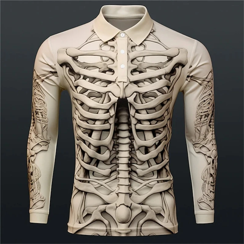 Funny 3D Skull Print Men's Long Sleeve Polo Shirts Hip Hop Trend Streetwear Casual Loose Lapel Tops Autumn High Quality Clothing