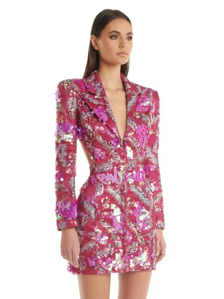 New Sexy V Neck Luxury Sequin Slim Blazer Dress Women Bright Sequined Long Sleeves Backless Mini Dress Evening Party Cocktail