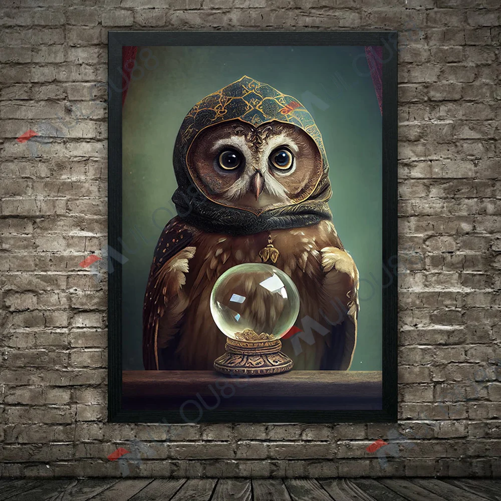 كريستال الكرة بير البومة صورة خمر الرسم على لوحات القماش الجدارية البومة الحيوان معالجات الخيال ملصق فني طباعة ديكور المنزل غير المؤطرة