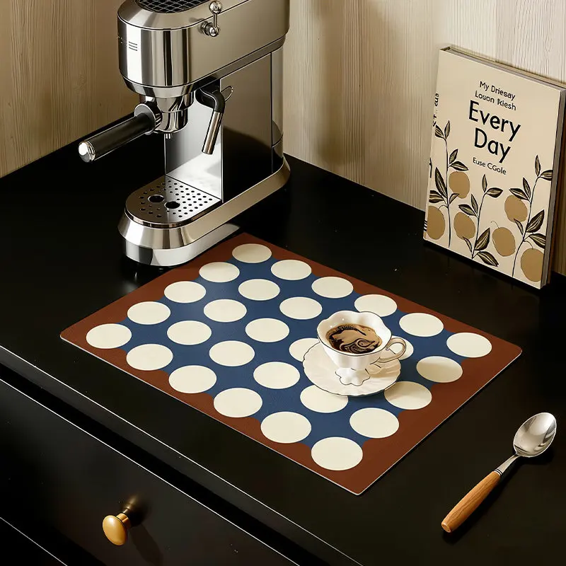 VIKAMA Brown Base Polka Dot Drying Mat Wavy Rim Non Slip Absorbent Pad For Coffee Machine Kitchen Sink Countertop