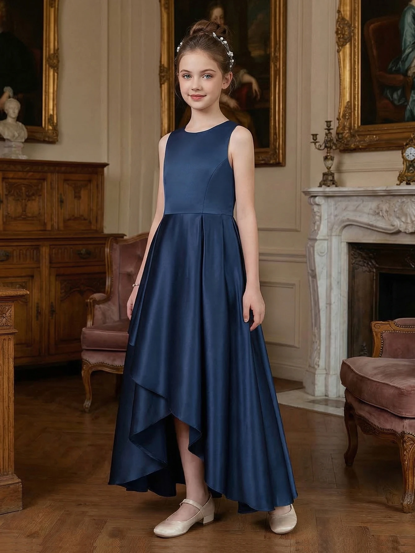 teens formal dress Girls Layered High Low with Lace Bodice by Calla D-825 8 / Navy 825 Fabric Cascading Ruffled Ball Gown Formal