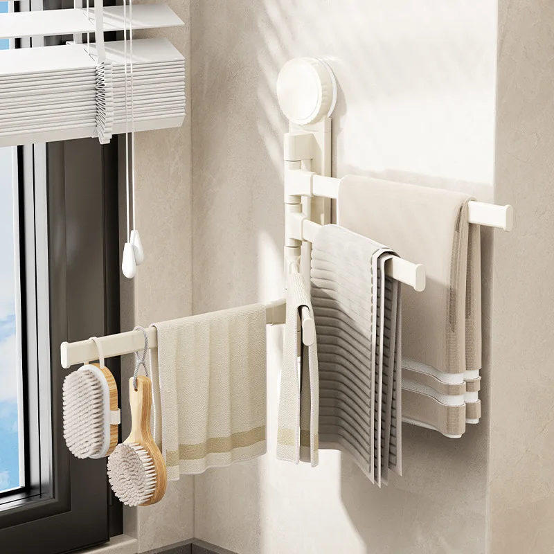Suction Cup No-Punch Bathroom Rotating Towel Rack Bathroom Multi-Rod Drying Rack Towel Bar on Wall