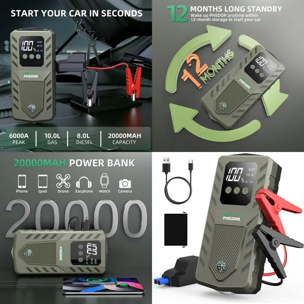 بطارية السيارة 6000 أمبير، بطارية 20000 مللي أمبير في الساعة، محمولة (10 لتر غاز/8 لتر، بادئ تشغيل السيارة 12 فولت، J