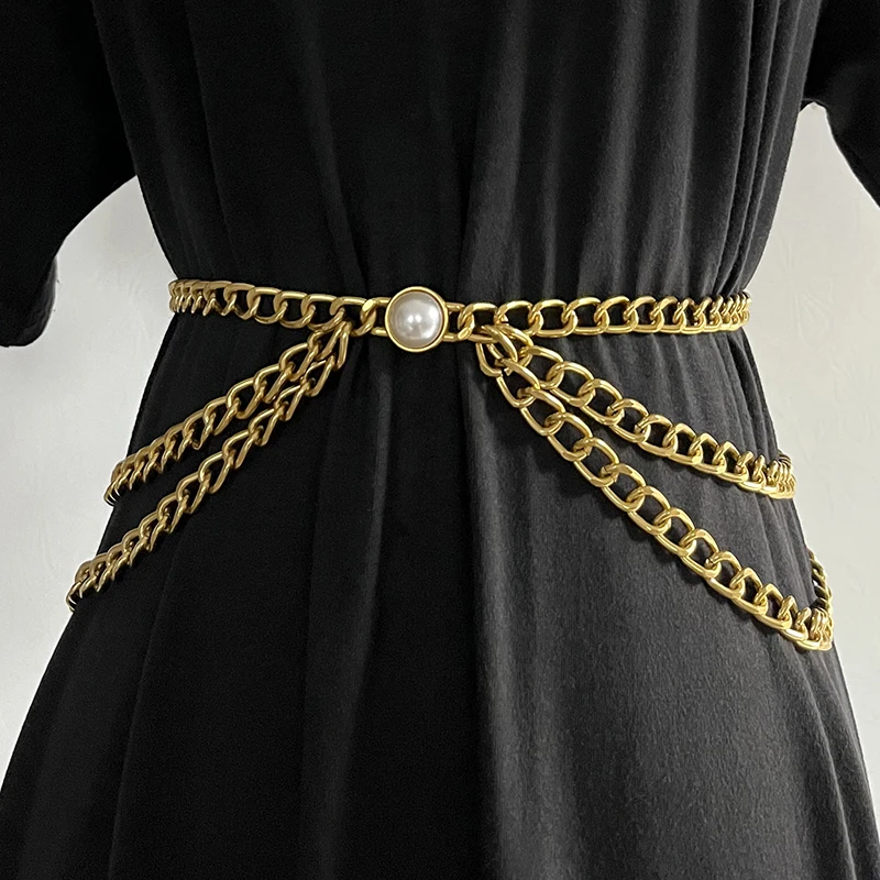 

Women's Fashion Pearl Gold Metal Chain Cummerbunds Female Dress Corsets Waistband Belts Decoration Narrow Belt TB1331