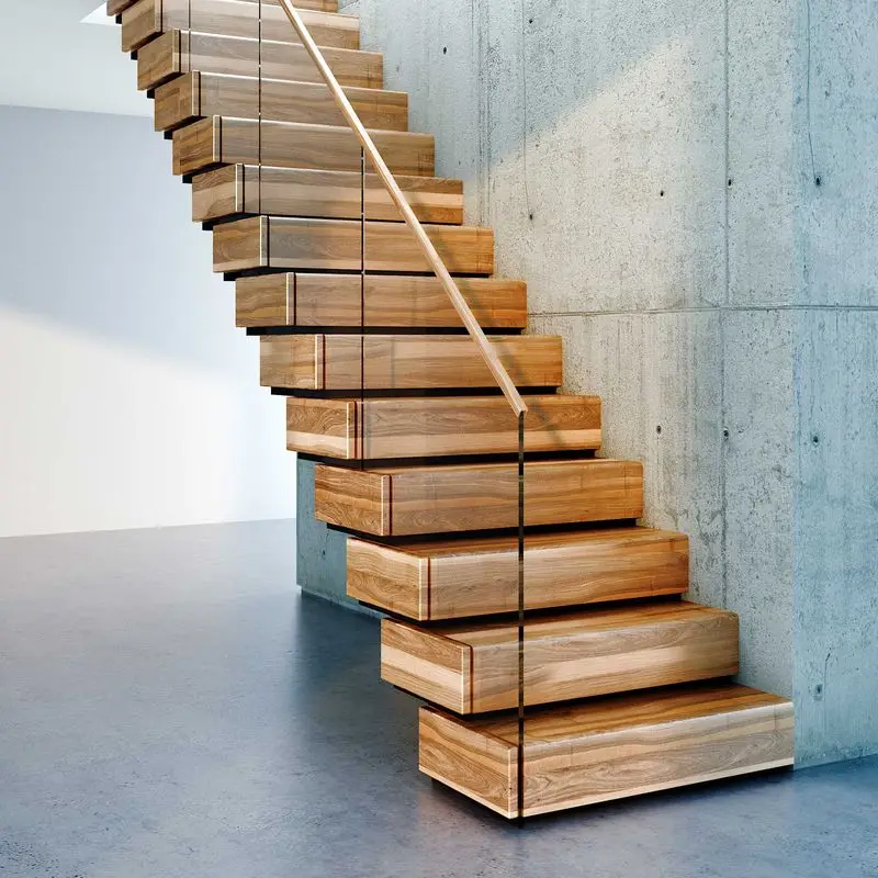 Central Spine Stair Middle Stringer Staircase with Wood Tread and Frameless Glass Railing