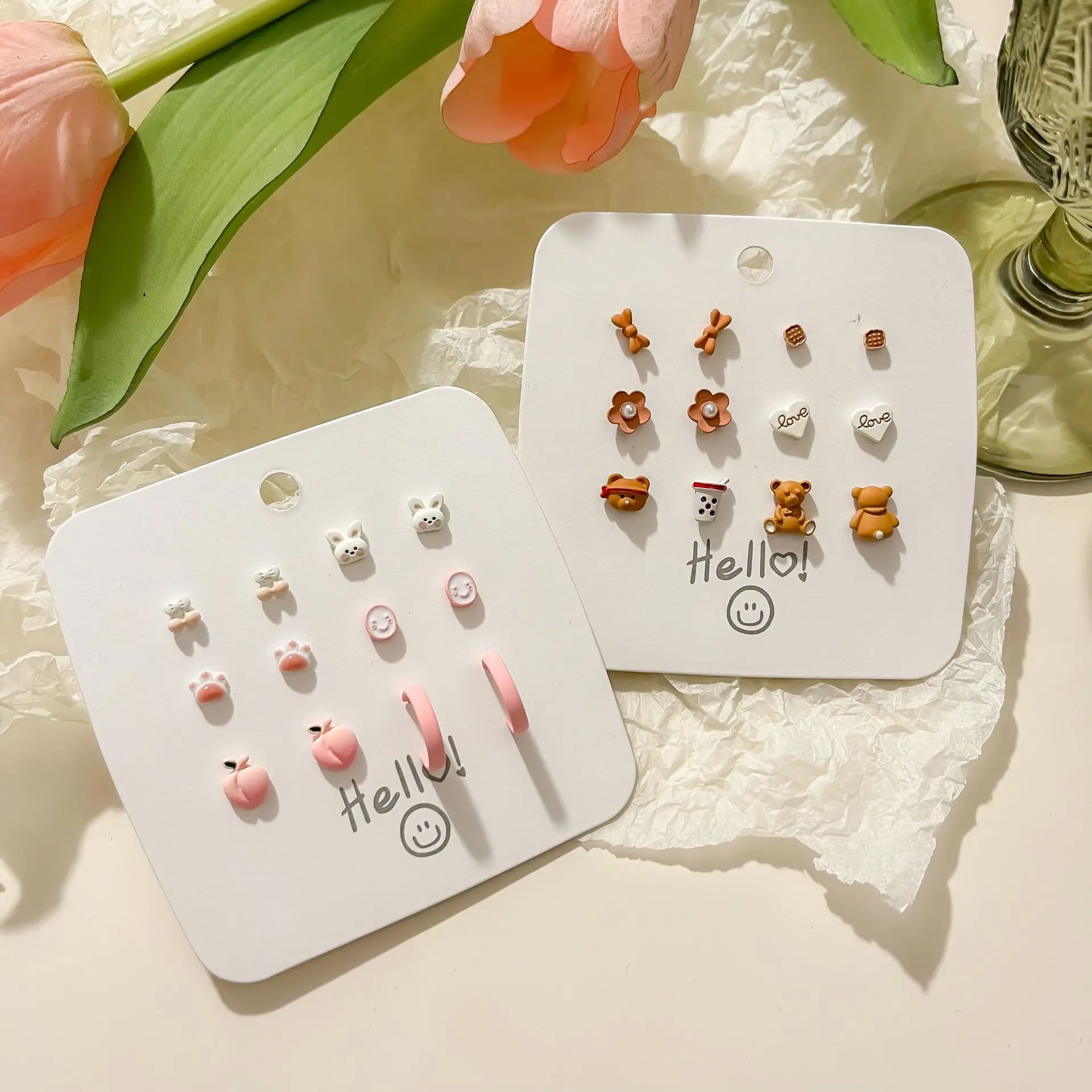 KADRUFI Hot Selling Cute Flower Heart Cartoon Animal Stud Earrings Set for Women Korean Fashion Sweet Pink Peach Earring Jewelry