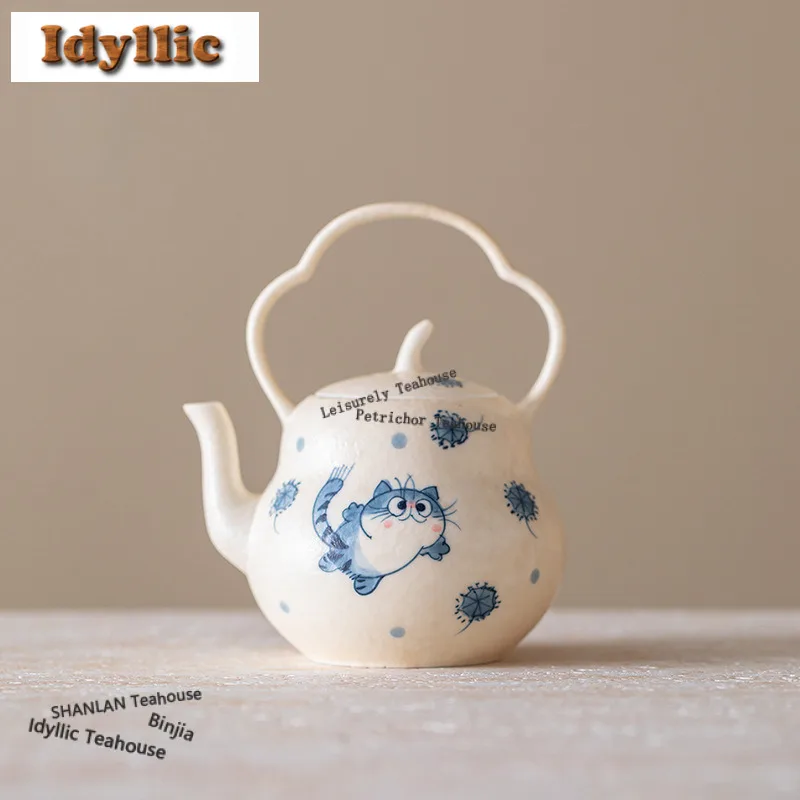 

170ml Hand-painted Cute Cat Lifting Handle Teapot Vintage Tea Infuser Pot Tea Maker Kettle With Filter Teaware Supplies Gift