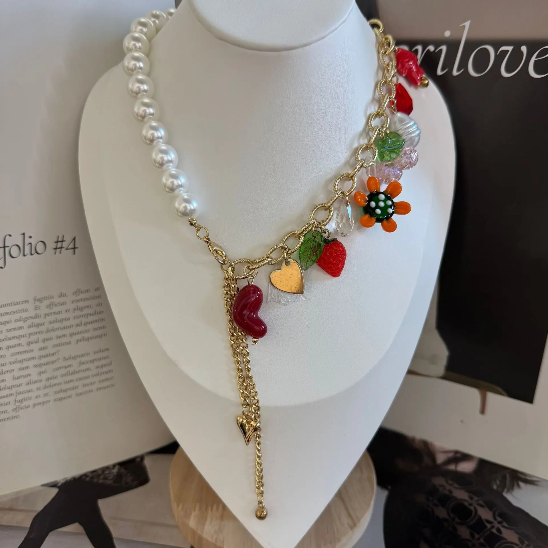 Exaggerated Cherry Strawberry Fruit Necklace, Tassel Pearl Personalized Clavicle Chain, Women Trendy Delicate Jewelry Gift