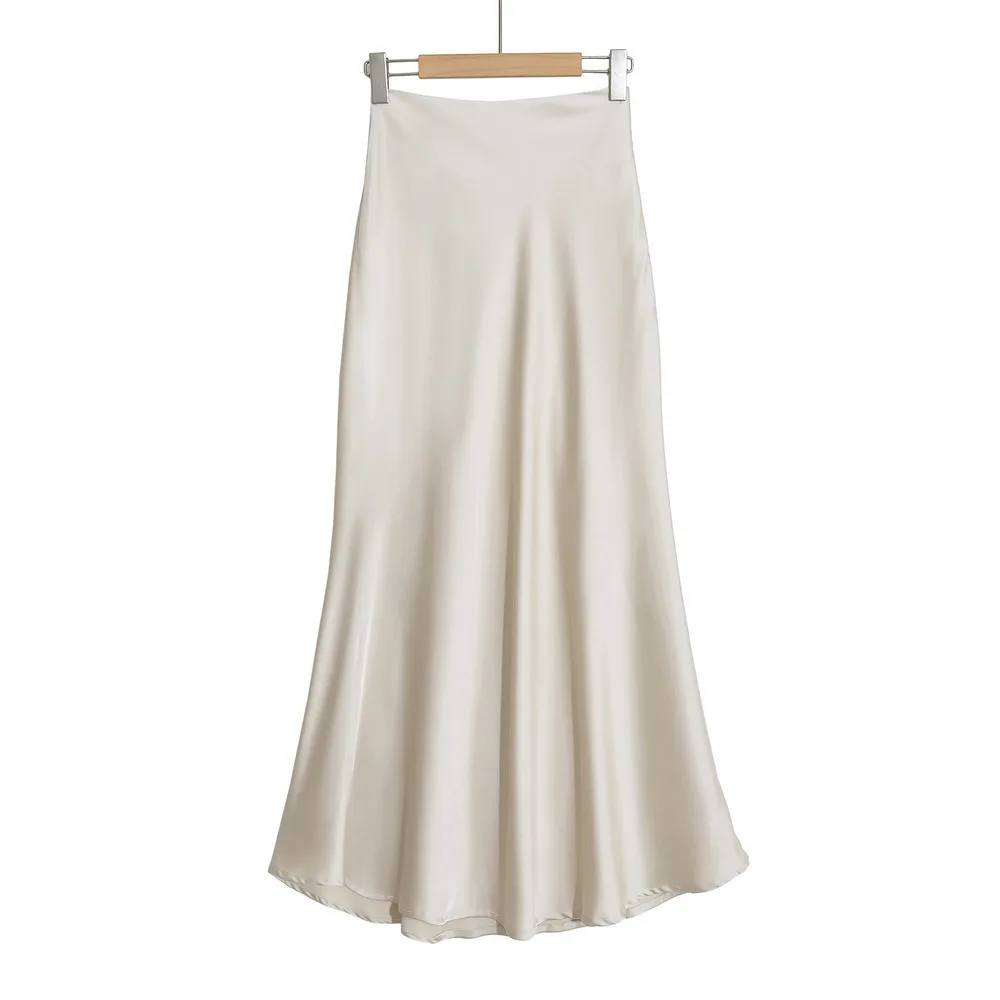 Novo em 2025 feminino primavera verão cor sólida elegante cetim saias longas na moda cintura alta outono estilo francês faldas
