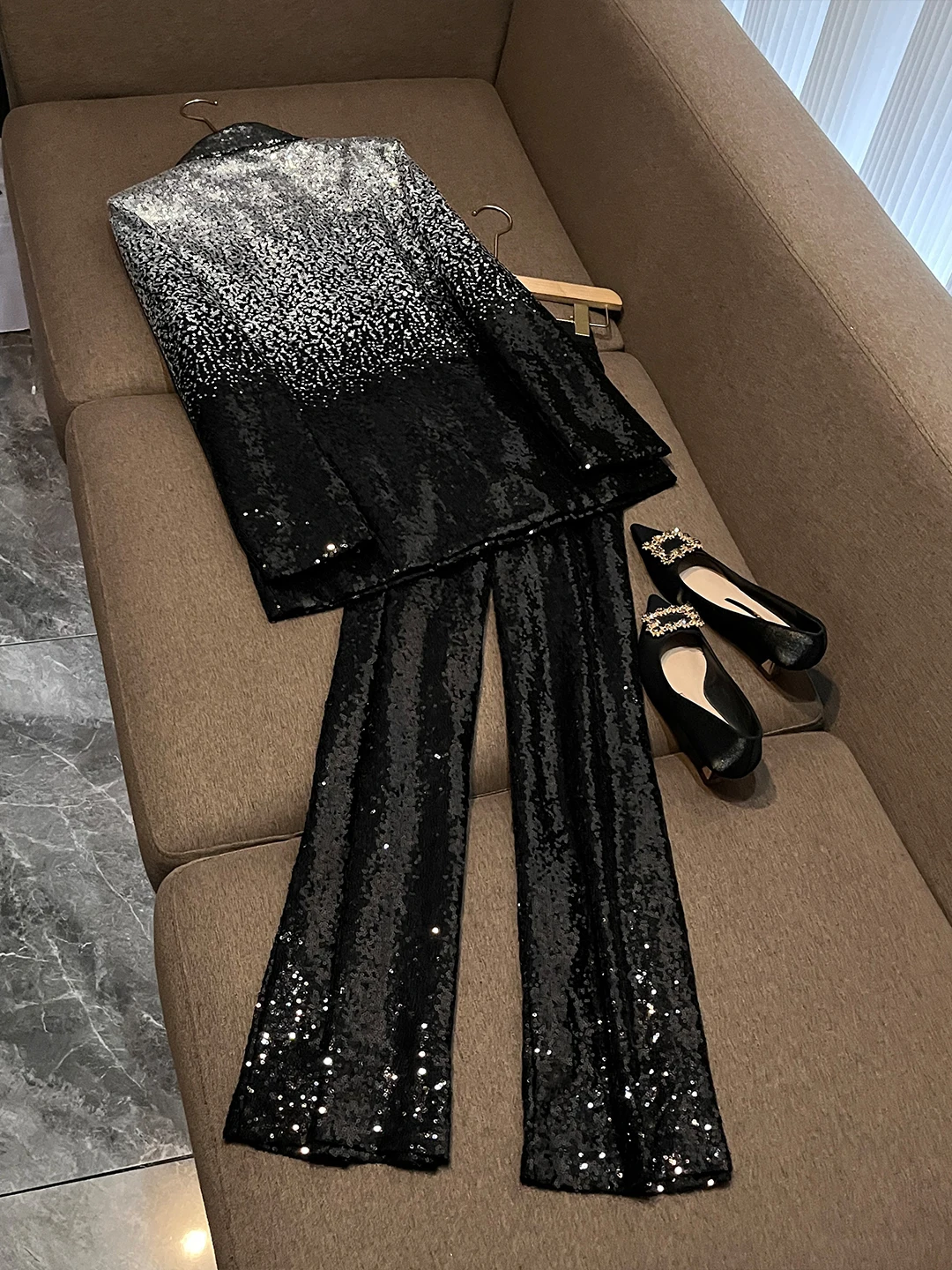 Elegant Sequin Skirt Pants Women's Black Gradient Oudh Vintage Fashion Dinner Style Long Trousers Casual Pants Natural Waist