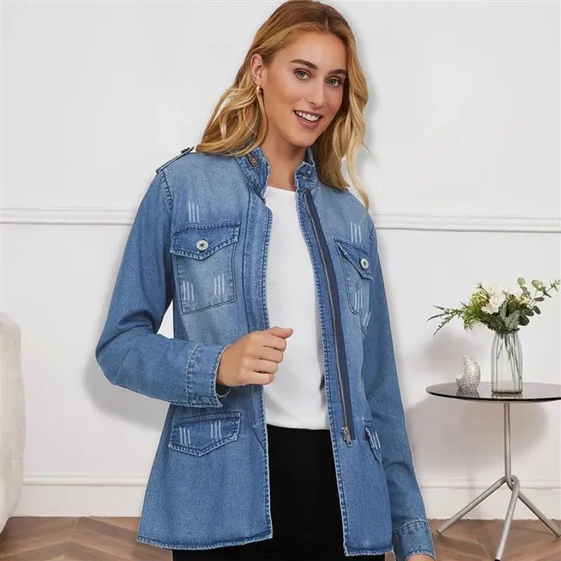 

Новая женская джинсовая куртка Slim Fit с воротником-стойкой и утяжкой на талии, однотонная, с длинными рукавами, модель M3038wi, для трансграничной торговли