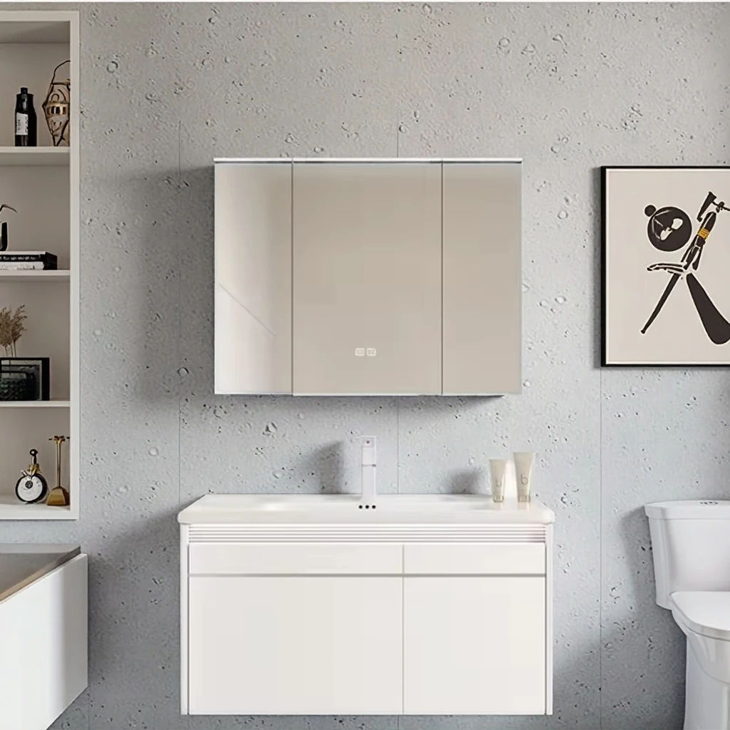 

Modern Style Wall Mounted Bathroom Cabinet LED Bath Mirror Integrated Ceramic Basin Waterproof For Home Hotel Use