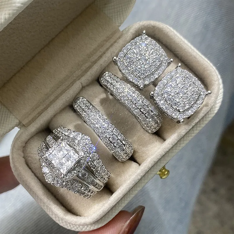 Sparkly CZ Micro Pave Ring Studs Hoop Earrings Set for Women 3Pcs CZ Wedding Engagement Jewelry Set Elegant Bridal Gift