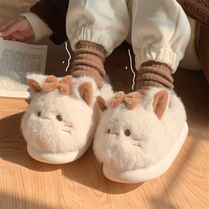 Cute Fluffy cat Slippers Women Slip on Animal Slides Indoor House Furry Cotton Shoes Warm 2024 New Girls cat Shoes