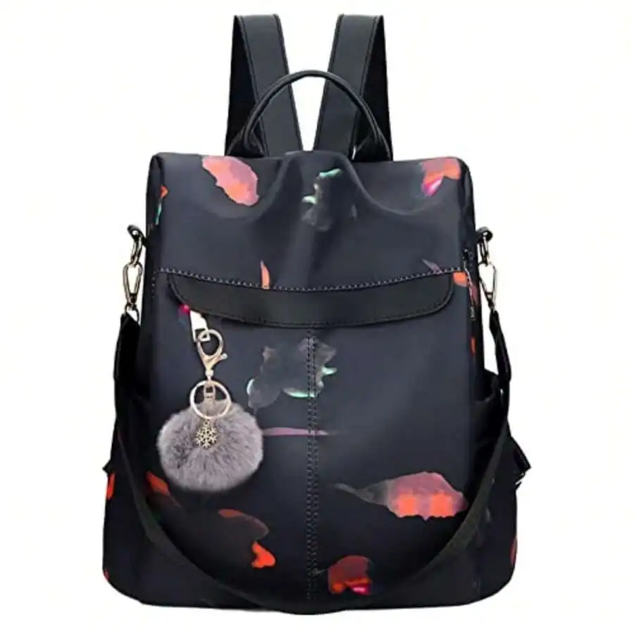

Women Waterproof Nylon Backpack With Floral Print Large Capacity Anti-Theft Travel Bag