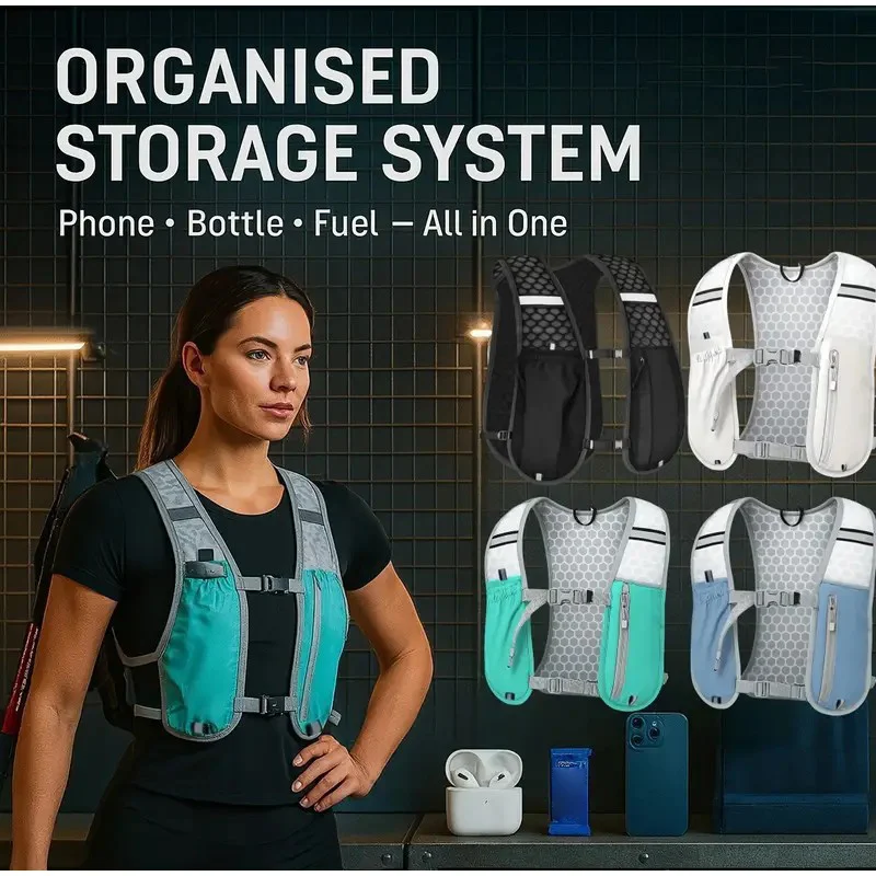 Lightweight Running Vest with Phone Pocket Breathable Hydration Backpack for Marathon Trail Reflective Adjustable for Men Women