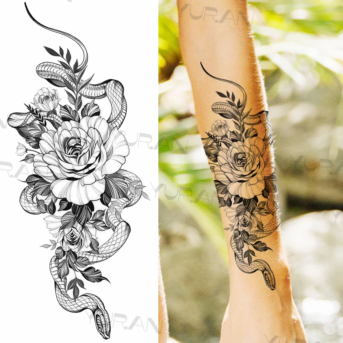 Crown Flower Temporary Tattoos For Women Girls Arm Body Tatoos Realistic Snake Flora Dahlia Waterproof Fake Tattoo Sticker 3D