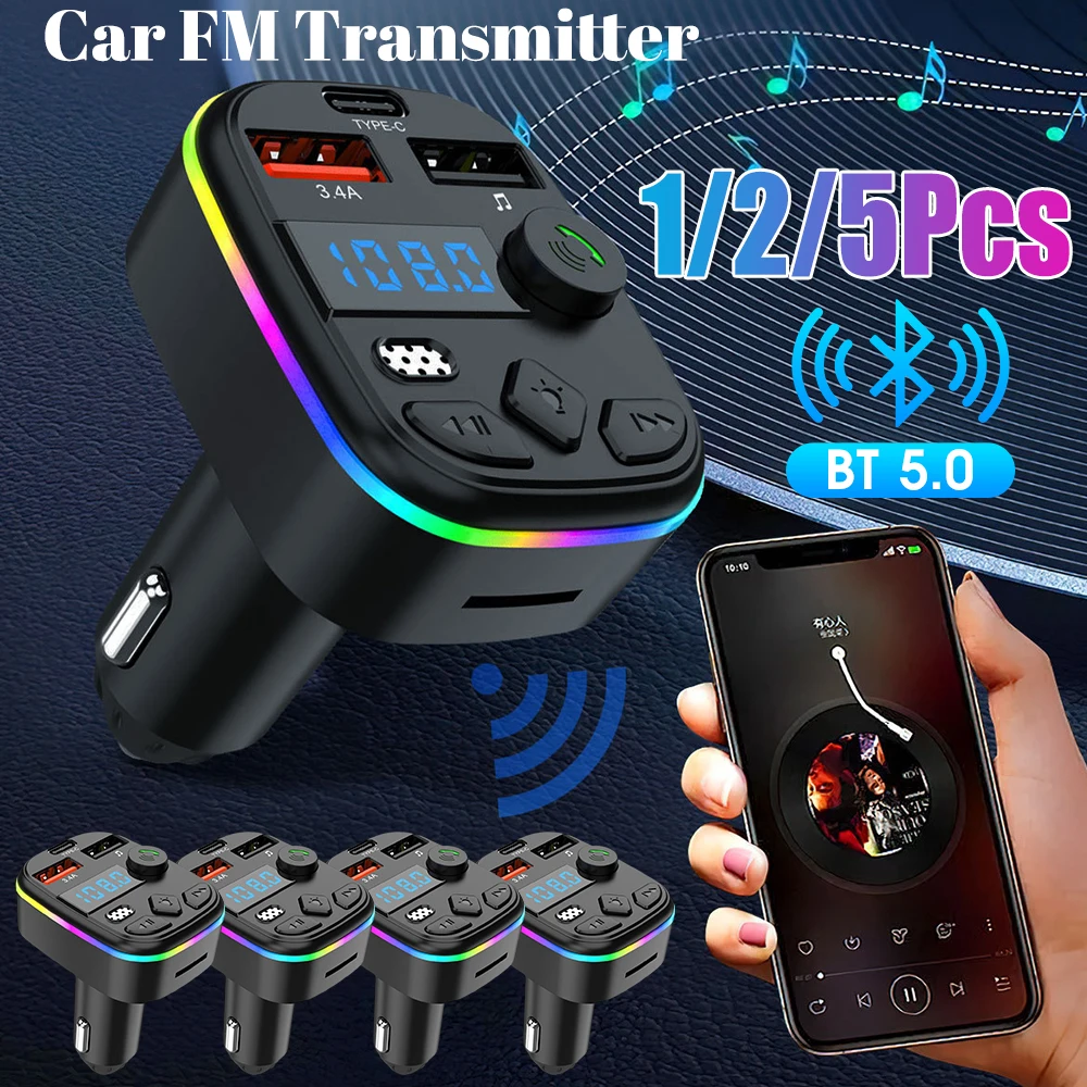 1/2/5PCS Car FM Transmitter Bluetooth 5.0 PD Type-C Dual USB Ambient Player Type-C Wireless Light 18W Handsfree Car MP3 Charger