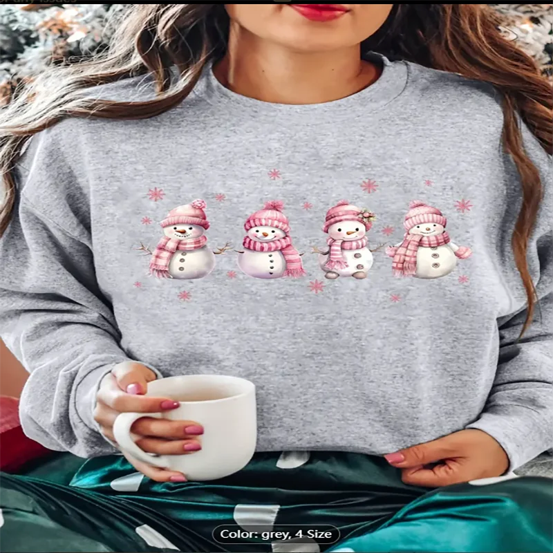 Kaus Kasual Wanita Manusia Salju & Kepingan Salju Bermotif-Pulover Musim Dingin Nyaman dengan Desain Kartun Meriah Kain Lembut Medium-Melar