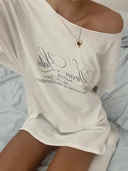 DEEPTOWN Y2k Oversized T-shirt Women Summer Coquette Short Sleeve Letter Print Sexy White Off Shoulder Tees Tops Kpop 2024 New