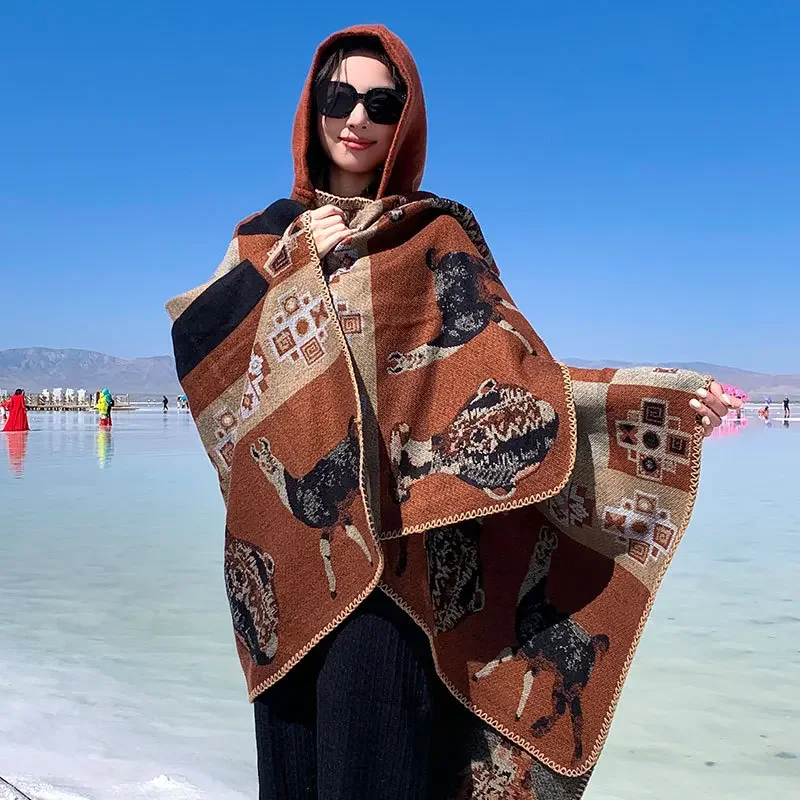 Autumn and Winter Fake Cashmere Poncho Ethnic Style Wrap Travel Oversized Cozy Scarf Thickened  Warm Outerwear Cape