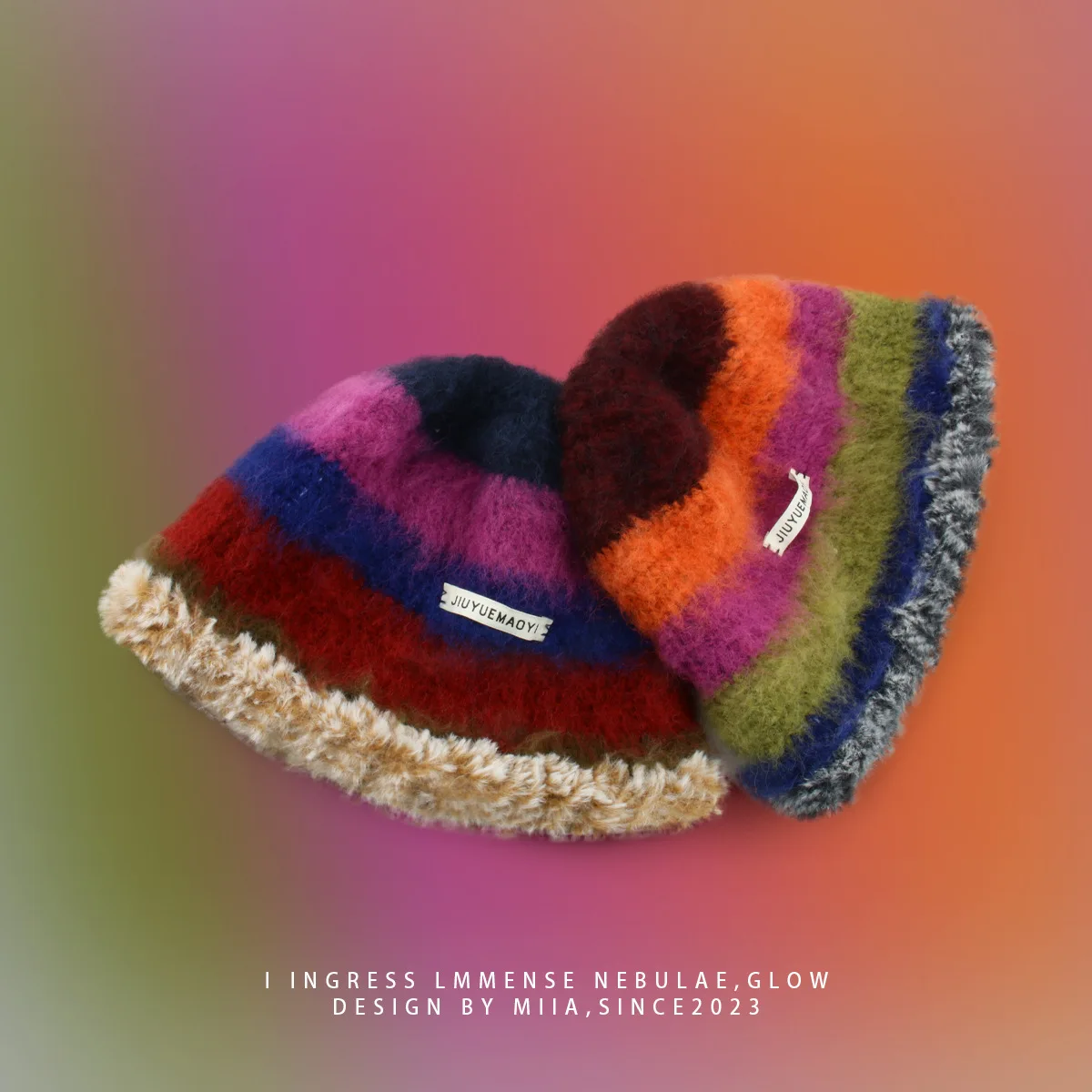 Gorros de lana con degradado para mujer, gorro de ganchillo hecho a mano, grueso y cálido, sombrero de cubo de invierno, nuevo, japonés, Vintage