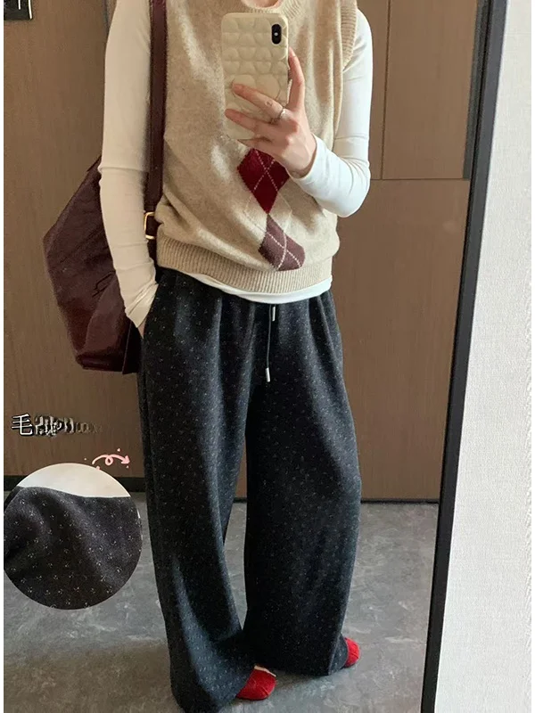 

Осень-зима, шерстяные повседневные брюки с цветочным узором и эластичной резинкой на талии, свободные прямые широкие брюки на подкладке для женщин