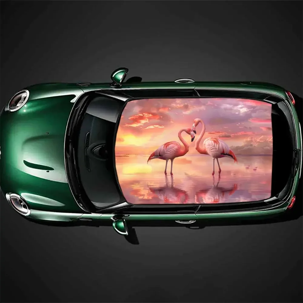 

Orange Sky Pink Flamingo Print Car Roof Sticker Wrap Racing SUV Auto Accessories Packaging PVC Car Hood Graphic Decal Decoration