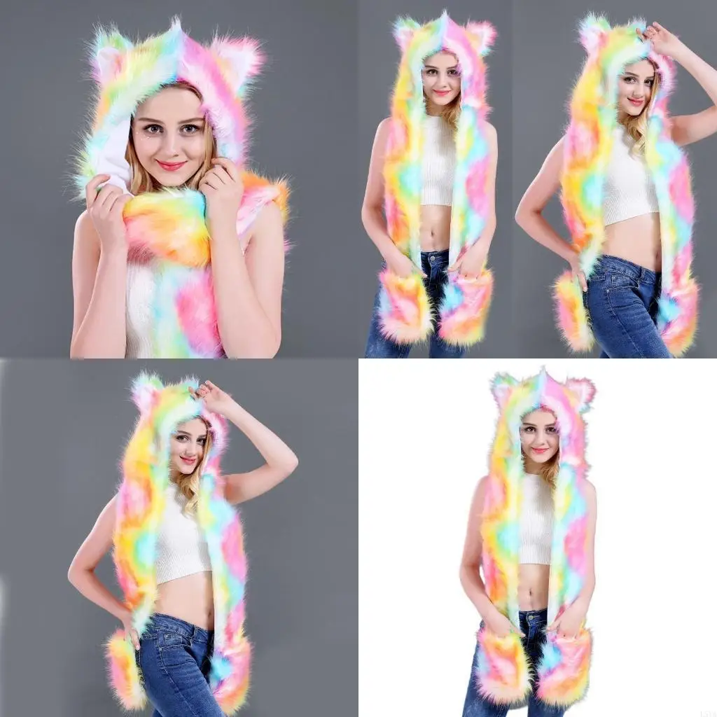

L5YA Women 3 In 1 Furry Animal Hat Scarf Gloves Mittens Multifunctional Rainbow Colorful Plush Hoodie with Paws Ears