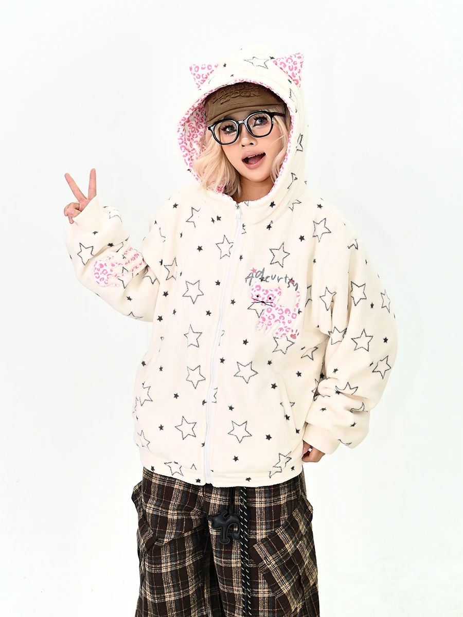 

Новая женская свободная хлопковая зимняя толстовка с капюшоном и ушками, с принтом звезд, утепленная, в уличном стиле, унисекс, с длинными рукавами