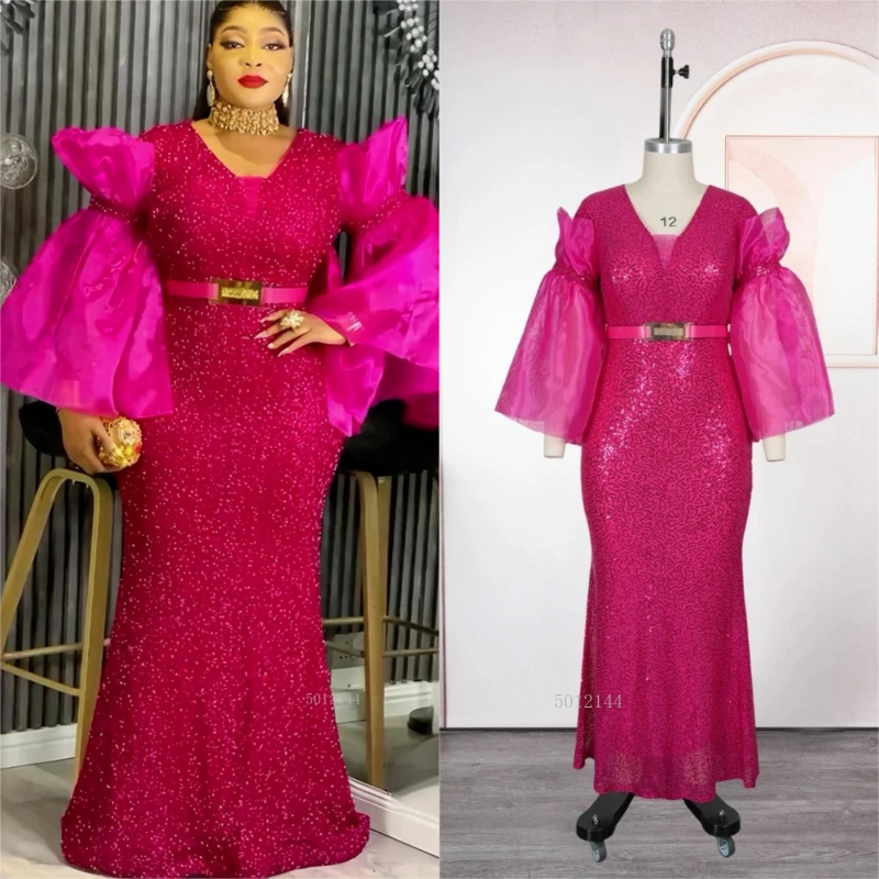 

2025 African Clothes For Women Plus Size Maxi Dresses Puff Sleeve Luxury Sequin Bodycon Robe Wedding Party Birthday Evening Gown