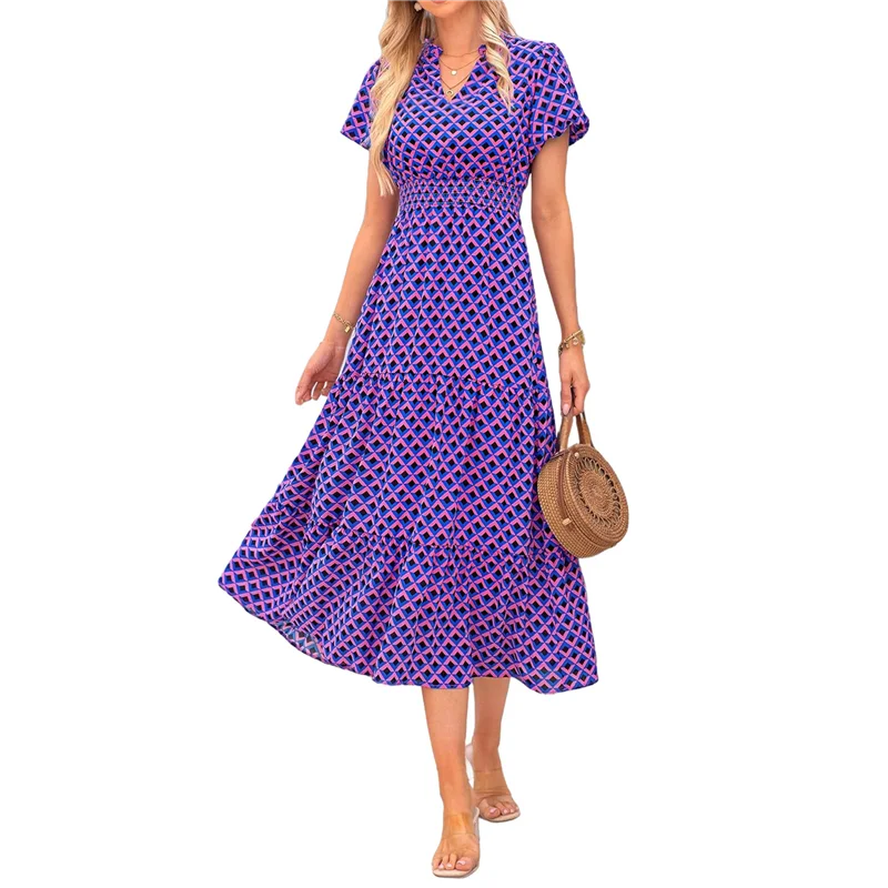 【SEE】Letnie sukienki maxi dla kobiet 2025 Casual V Neck Puff Short Sleeve Smocked Flowy Beach Boho Long Floral Dress