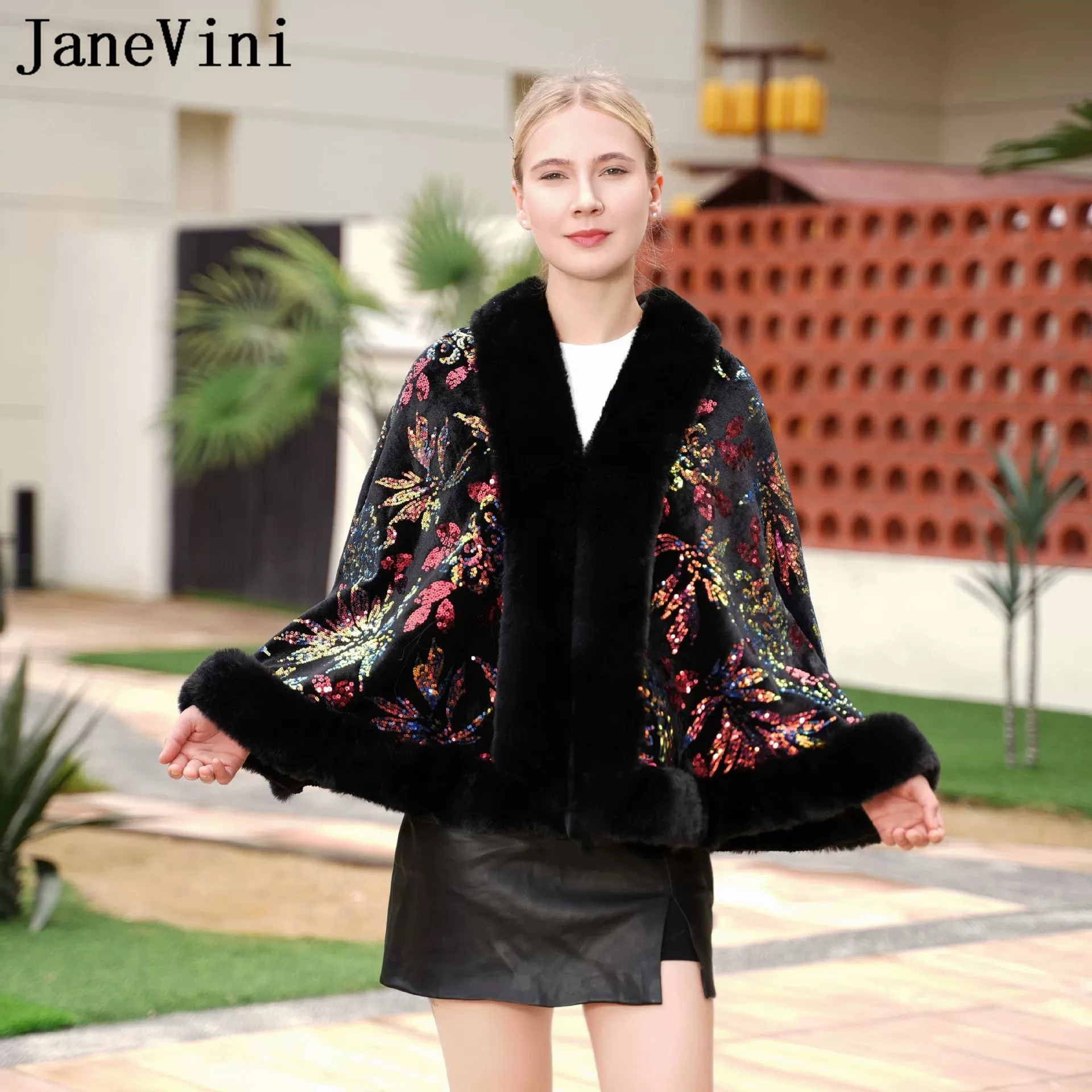 

JaneVini Fashion Black Sequins Bridal Shawl Faux Fur Wrap Bolero Evening Dress Cloak Women Wedding Cape Shrugs Jacket Winter
