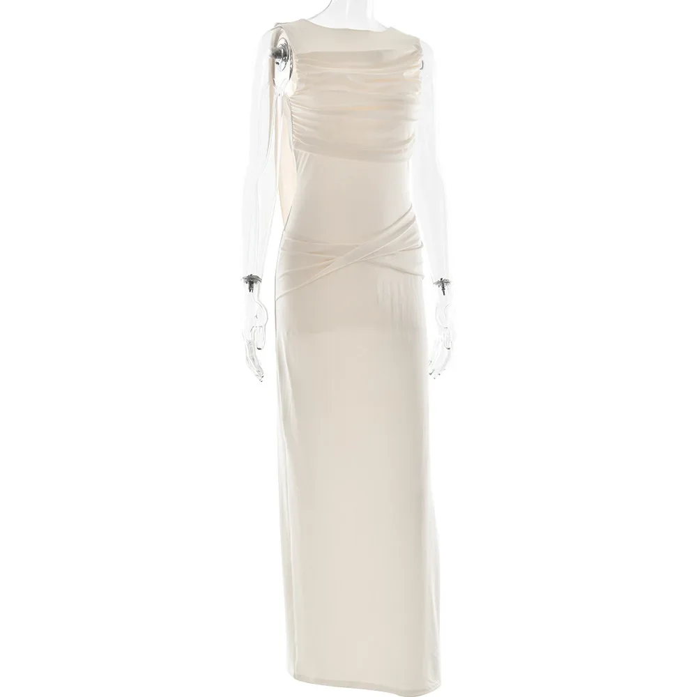 فستان ماكسي مثير مكشوف الظهر للنساء صيفي بياقة دائرية وفتحة عالية فستان طويل أنيق فساتين بدون أكمام