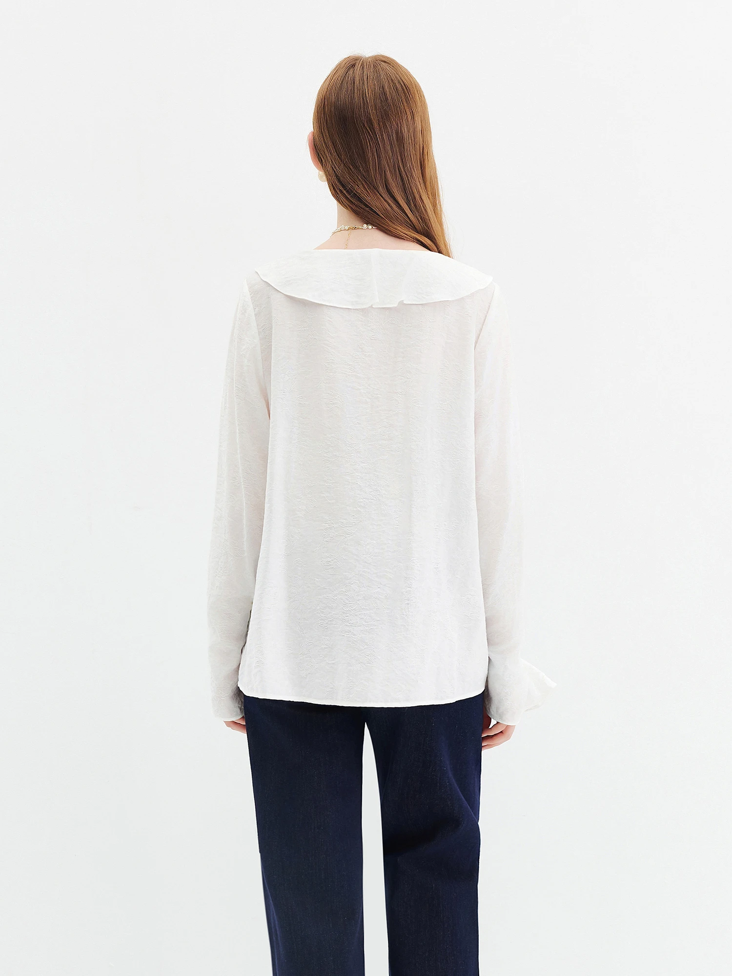 FSLE 2026 Herbst Damen Bluse im französischen Stil mit V-Ausschnitt und Rüschen aus Jacquard - Weicher romantischer Stil für den Alltag und den Arbeitsweg – Detail 6