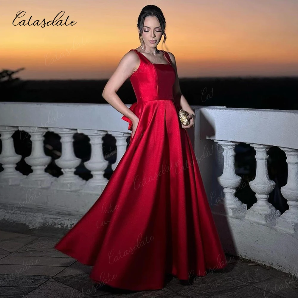 

Catasdate Red Wedding Guest Dresses with Bow Back Formal Evening Party Dresses for Women vestidos de fiestas elegantes mujer