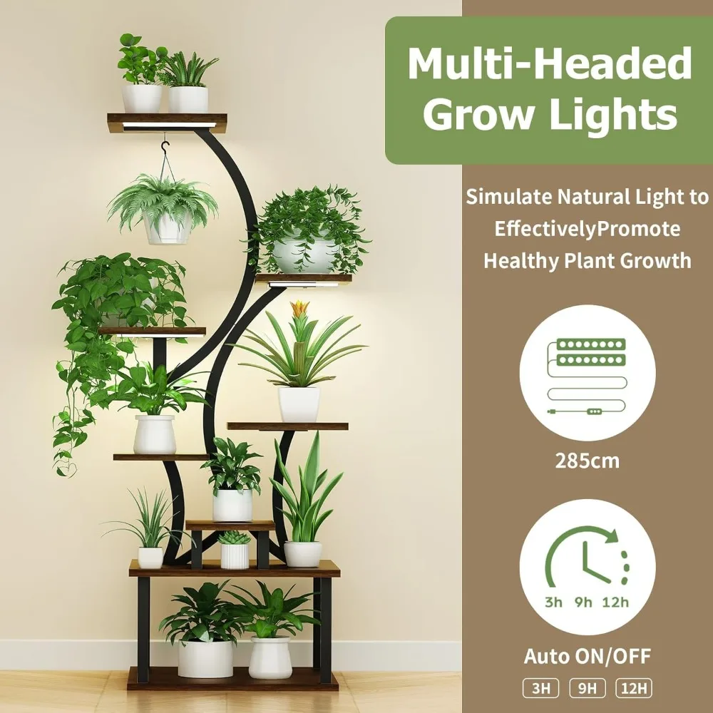 حامل نباتات معدني مكون من 8 طبقات مع أضواء للنمو، رف داخلي بطول 60.4 بوصة للنباتات المتعددة، ديكور المنزل #3