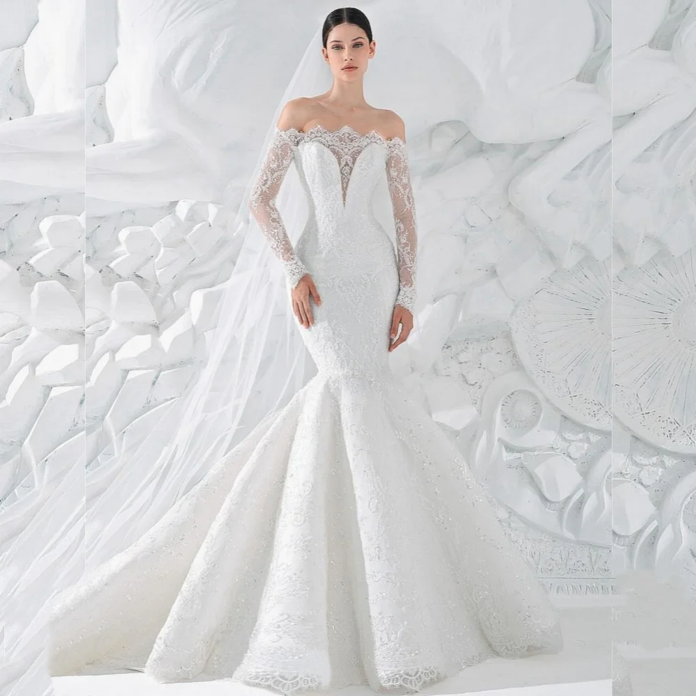 

Customized High Quality Lace Pattern Pleat Trumpet Off-the-shoulder Long Dresses Bespoke Occasion Elegant