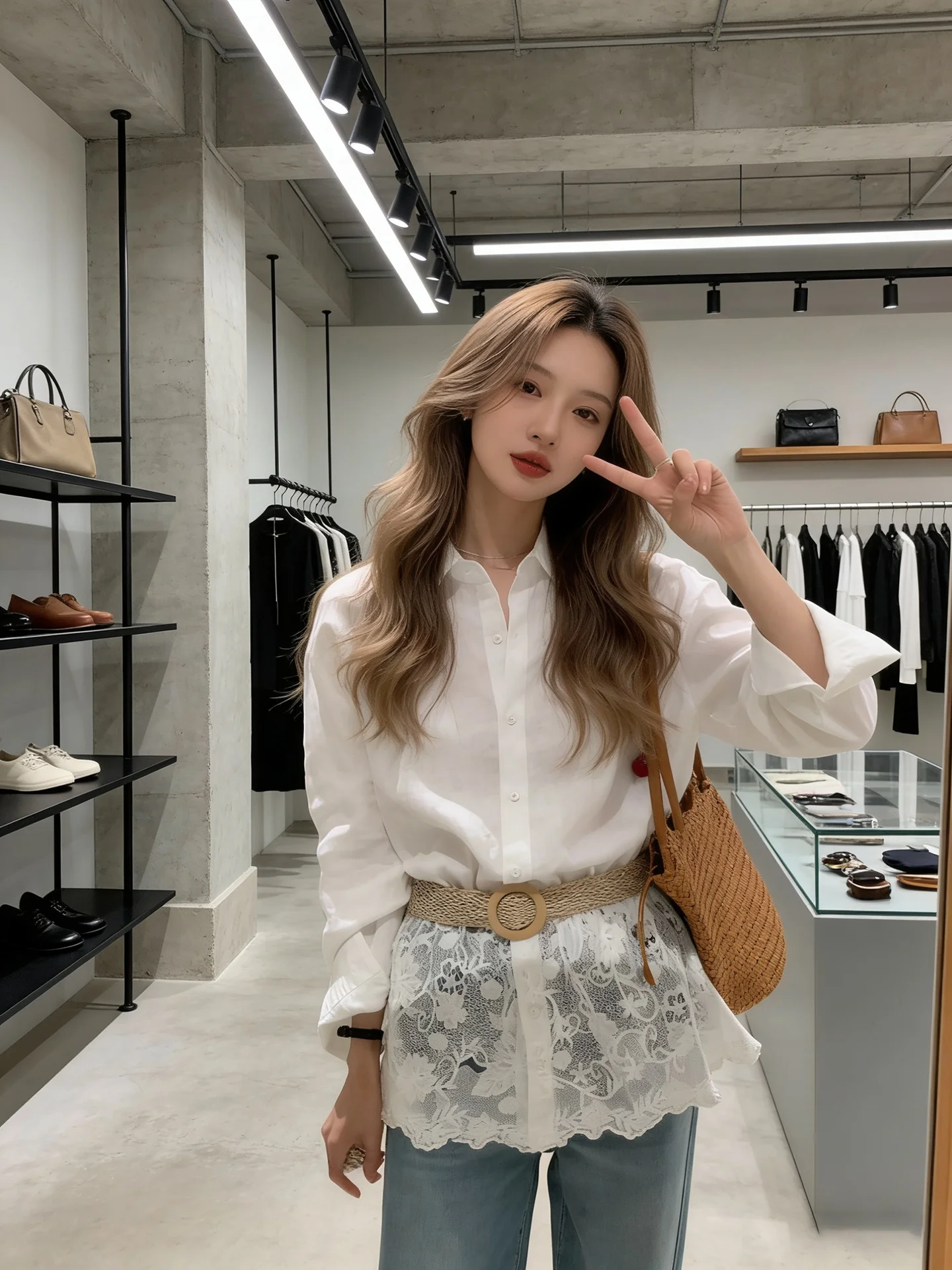 

Korean Style Lace Splice Linen Long Sleeve Shirt Women's Beautiful Top with Belt Spring 2026 Commute Style Straight Cut