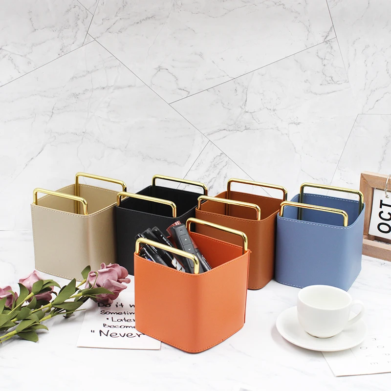 Minimalist Metal Pen Holder, Leather Storage Frame, Nordic Style, Makeup Cylinder