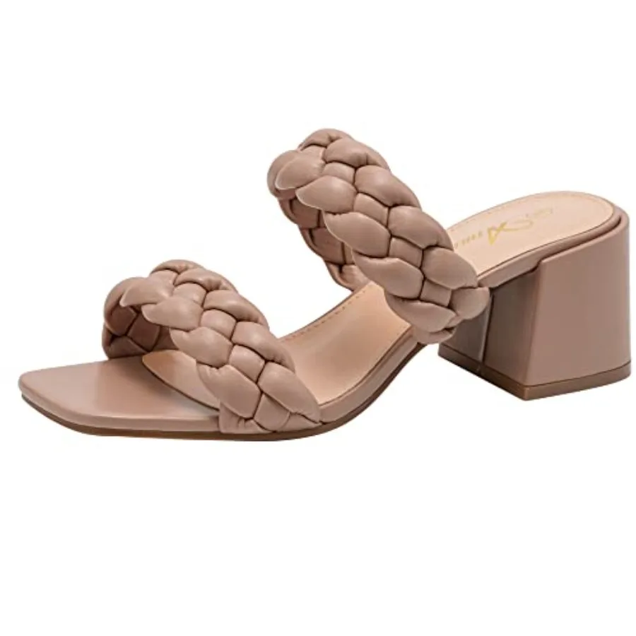 

Women's Braided Heeled Sandals Strappy Square Open Toe Heels Backless Mules Slip On Block Heels