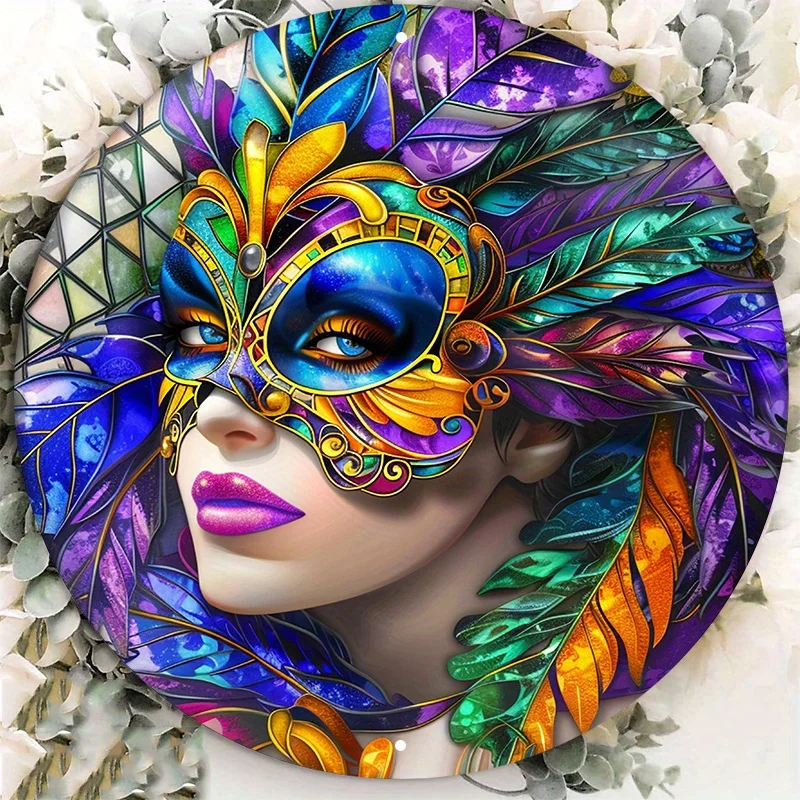 

Mardi Gras Inspired Round Aluminum Wall Sign, Colorful Mask Design, UV Safety Guard, Scratch and Flame Resistant, Easy to Hang