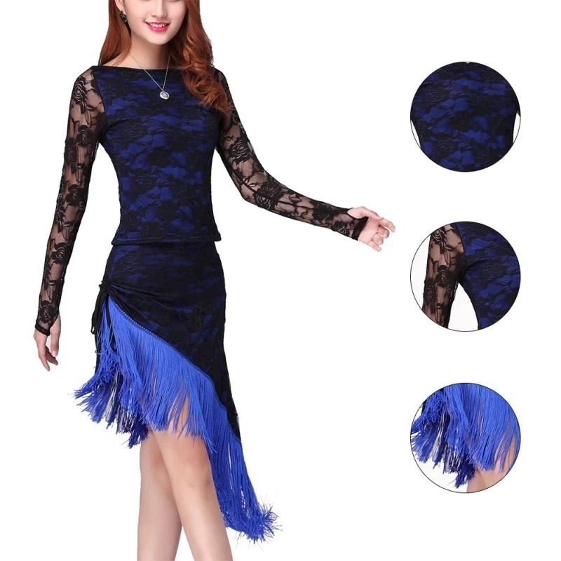 NEW Women Lace Latin Dance Dress Sexy Tango Ballroom Salsa Stage Costume Tassel Elegant Dance Clothing Performance Dress